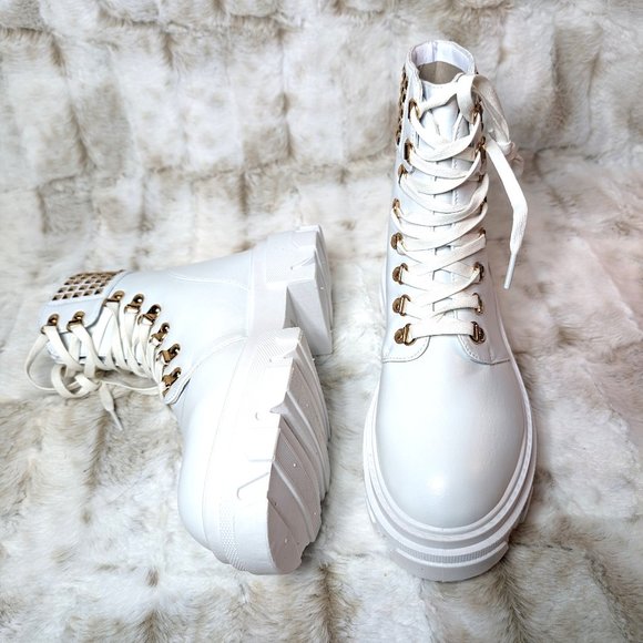 * Mata Shoes White Vegan Leather Studded Detail Fashion Combat Ankle Boots - Picture 13 of 15